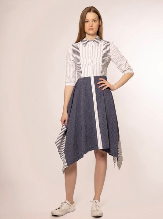 Multi Stripe Midi Sleeves Shirt Dress