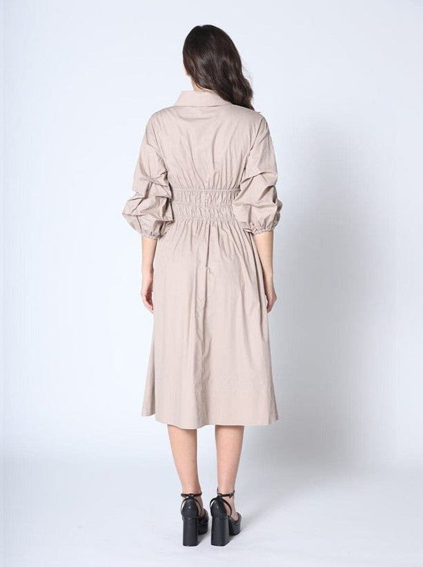 Ruched Puff Sleeve & Waist A Line Midi Dress